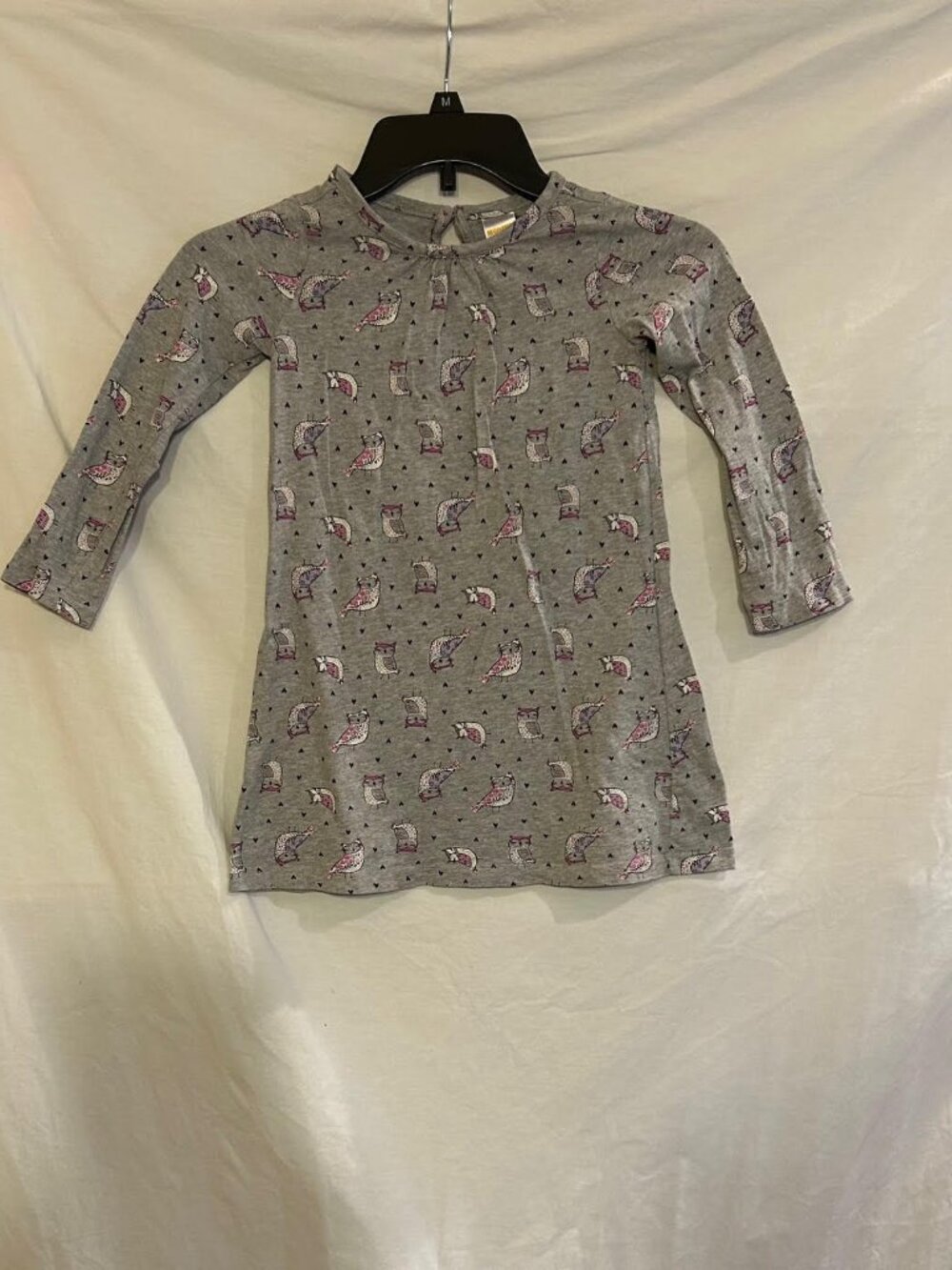 Gymboree Girls 4T Gray Pink Owl Hearts Print Long Sleeve A-Line Classic Dress